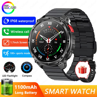 1100mAh Battery Smart Watch 1.7 Inch 360*360 AMOLED HD Screen Men Watch Compass 1ATM Waterproof Bluetooth Call Sports Smartwatch