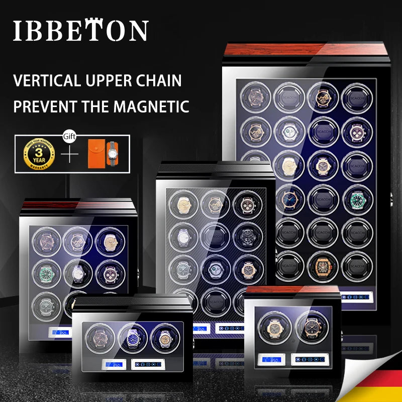 IBBETON High Quality Watch Winder for 2 4 6 9 Slot Automatic Watches with Mabuchi Motor LCD Touch Screen Wooden Watch Safe Box