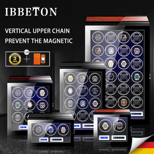 IBBETON High Quality Watch Winder for 2 4 6 9 Slot Automatic Watches with Mabuchi Motor LCD Touch Screen Wooden Watch Safe Box