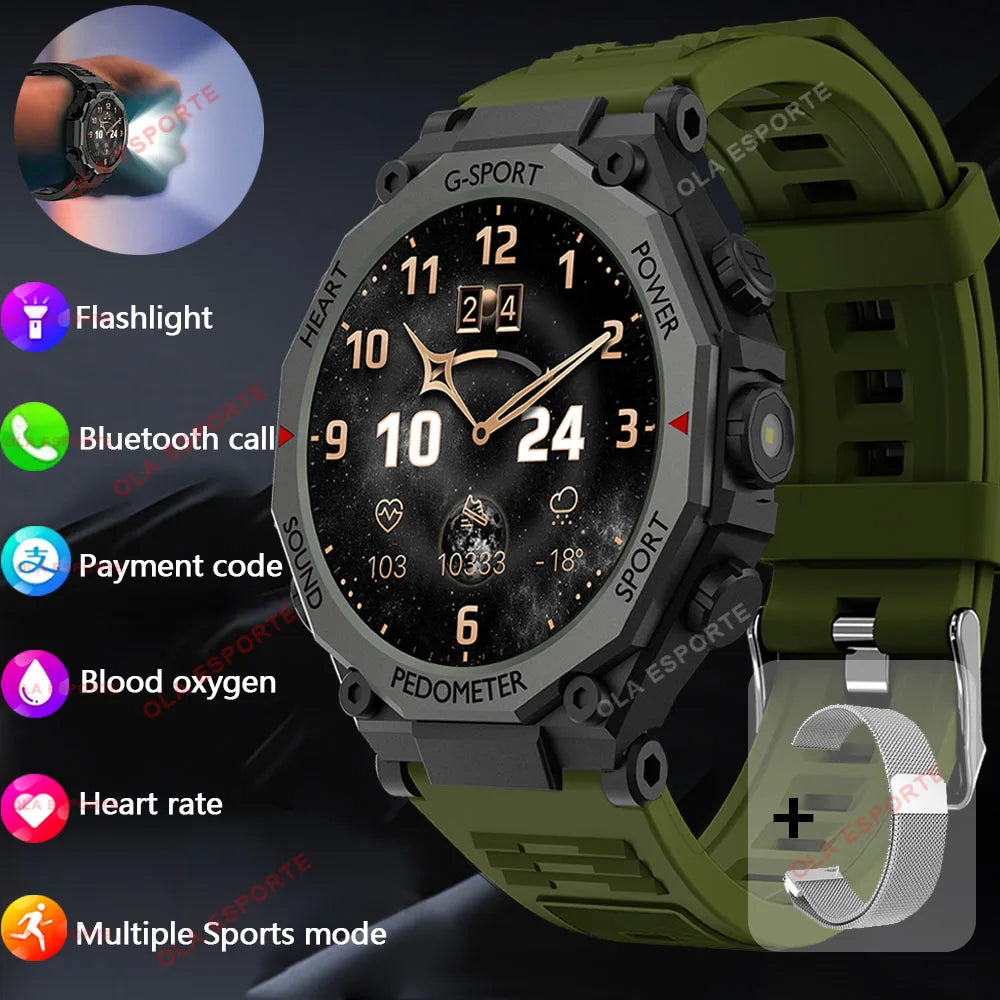 New Outdoor LED Flashlight Smart Watch Men 2025 Bluetooth Call Heart Rate Monitoring Military Sports SmartWatch For Android IOS