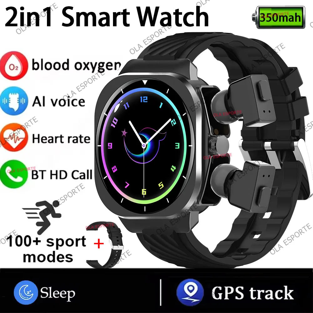 2 in 1 Smart Watch GPS Tracker Compass Built in Headphones Bluetooth Call Smartwatch Health Monitor Fitness Men Sports Watches