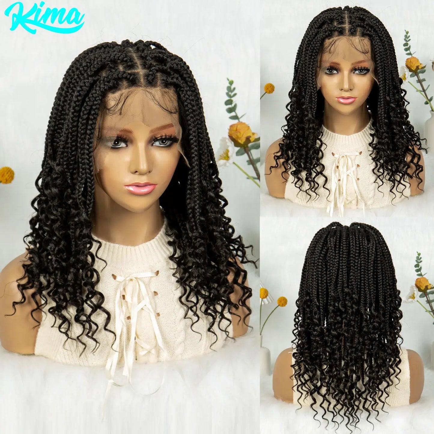 Knotless Box Braided Wigs with Curly Ends Synthetic Full Lace Boho Braided Lace Wigs Lace Frontal Braids Wig for Black Women
