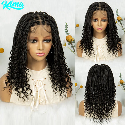 Knotless Box Braided Wigs with Curly Ends Synthetic Full Lace Boho Braided Lace Wigs Lace Frontal Braids Wig for Black Women