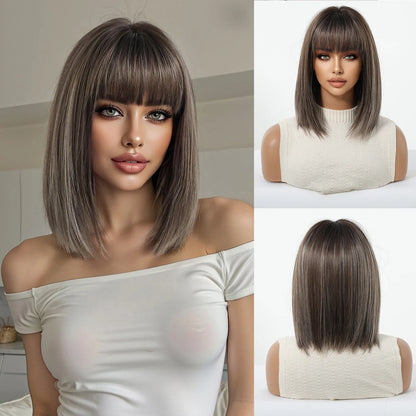 Light Brown Blonde Synthetic Wigs with Bangs for Women Short Bob Daily Straight Wigs Fake Hair Cosplay Halloween Heat Resistant
