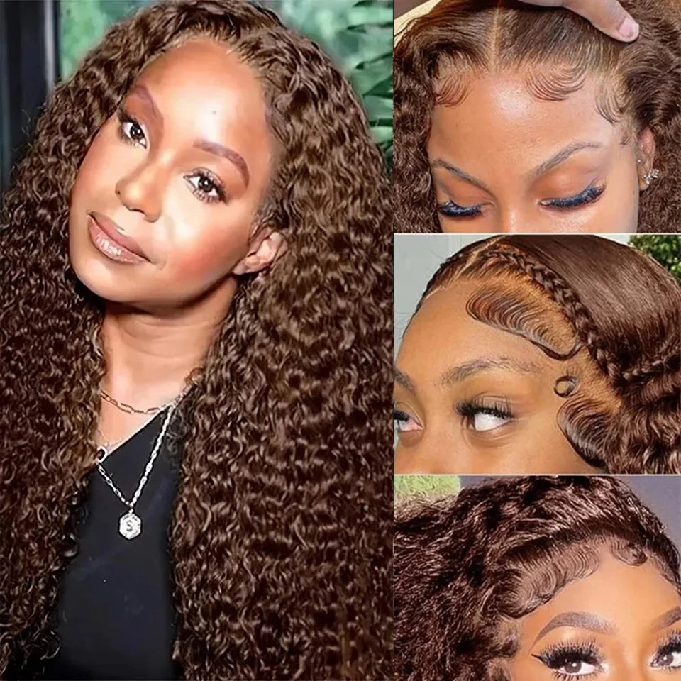 Chocolate Brown Deep Wave Human Hair Wig 30 Inch Transparent Lace Frontal Wigs For Women 13x6  Lace Front Water Curly Wave Wig