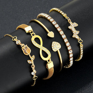 5pcs Exquisite Gold Color Butterfly Bracelet Set For Women Vintage Rhinestone Heart Infinity Cuff Bangle Daily Wear Jewelry Gift