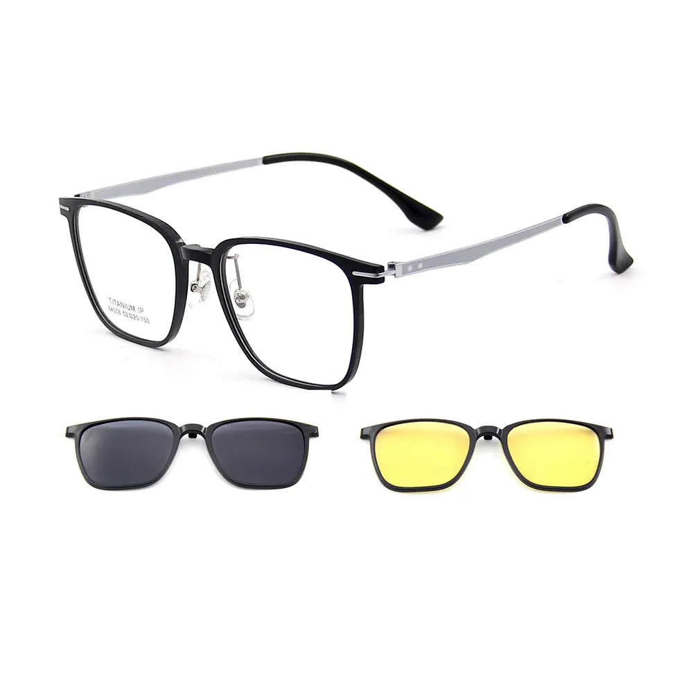 3-in-1 Square Ultralight TR90 Men's Polarized Clip-On Sunglasses & Night Vision Titanium Legs Glasses Frames for Driving 84008