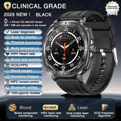 2025 New Laser therapy Three High Uric acid Blood pressure Smartwatch Men ECG+PPG Heart rate Fat Body Analysis NFC Call Watches