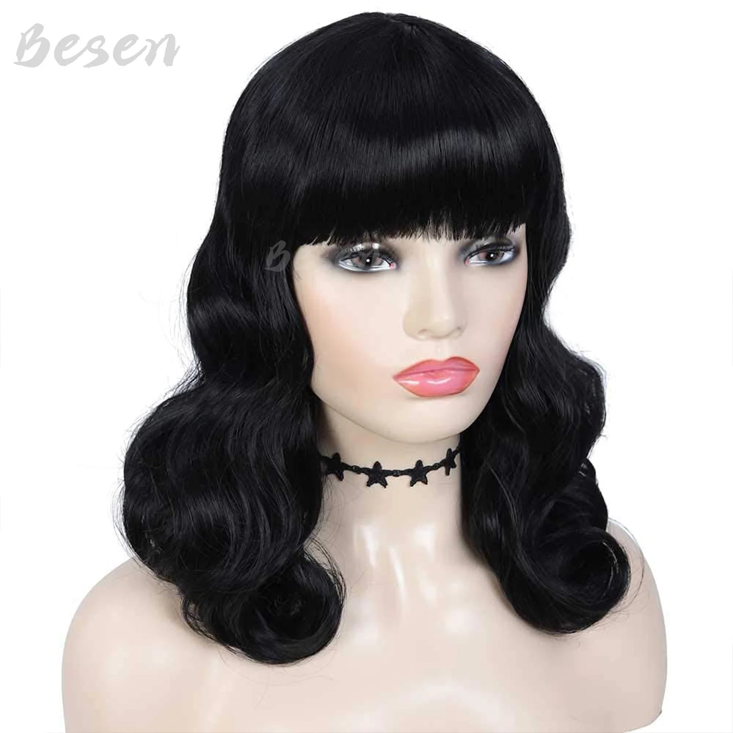 Synthetic 50s Vintage Shoulder Length Black Wigs with Bangs Bettie Page Wigs Natural Wavy Hair Wig for Women Cosplay Halloween