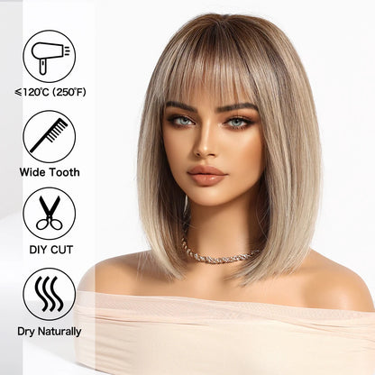 Light Brown Blonde Synthetic Wigs with Bangs for Women Short Bob Daily Straight Wigs Fake Hair Cosplay Halloween Heat Resistant