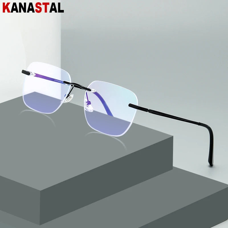 Men Titanium Rimless Eyeglasses Frame Blue Light Blocking Glasses Women Anti Fatigue Lenses Prescription Myopia Reading Eyewear