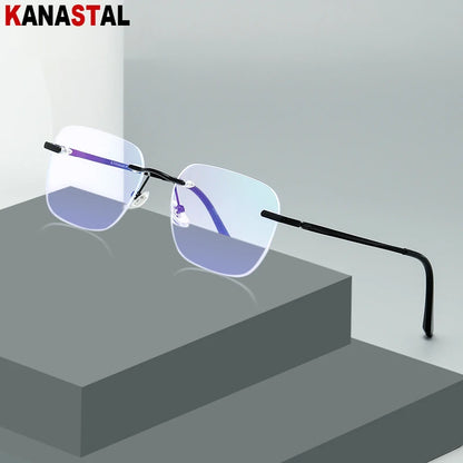 Men Titanium Rimless Eyeglasses Frame Blue Light Blocking Glasses Women Anti Fatigue Lenses Prescription Myopia Reading Eyewear