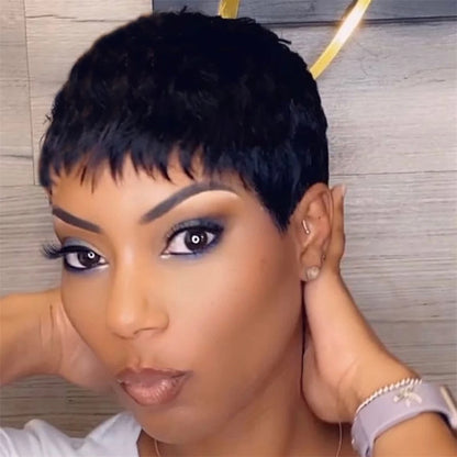 Pixie Cut Human Hair Wig for Black Women Natural Black Straight Bob Wigs Brazilian Human  Hair Full Machine Made Wig With Bangs