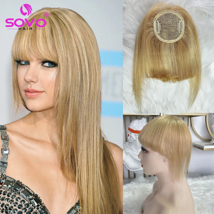 Human Hair Bangs Clip In Blunt Cut Fringe OverHead Wispy Air Bang Black Brown Blonde 2 Clips Hair Topper Extensions 8.5x7.5cm