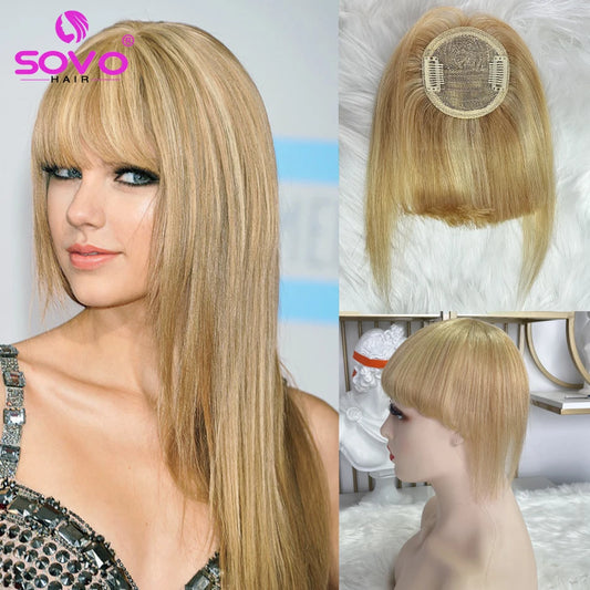 Human Hair Bangs Clip In Blunt Cut Fringe OverHead Wispy Air Bang Black Brown Blonde 2 Clips Hair Topper Extensions 8.5x7.5cm