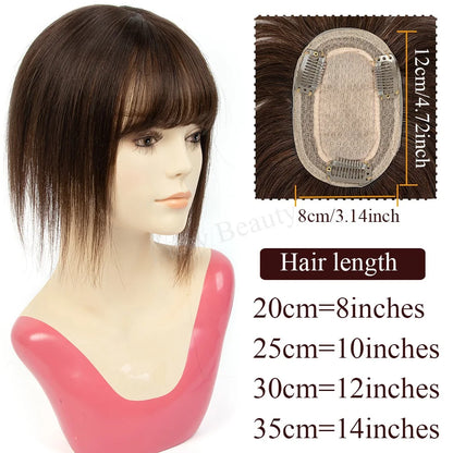 Natural Brown Human Hair Topper With Bangs Women 8X12cm Black Highlights Blonde Skin Scalp Clip in Topper Hair Pieces Human Hair