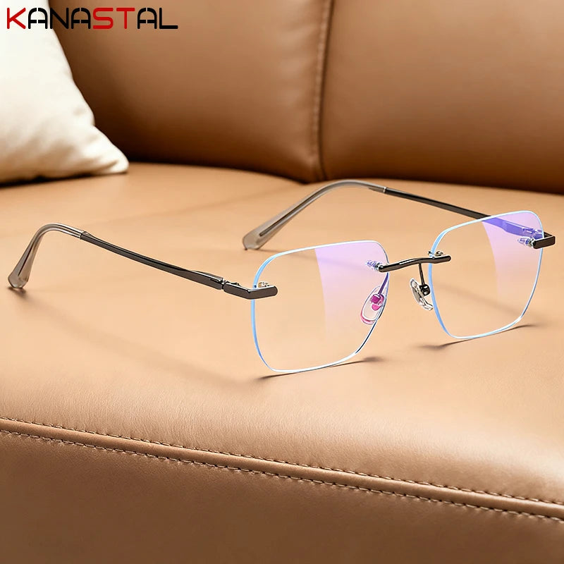 Men Titanium Rimless Eyeglasses Frame Blue Light Blocking Lenses Women Anti Fatigue Glasses Prescription Myopia Reading Eyewear