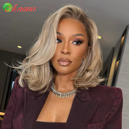 Ash Blonde Colored 13x4 Lace Frontal Wigs Ombre Short Bob Wig 180% Density Wavy Human Hair Wigs For Women Body Wave Hairstyle