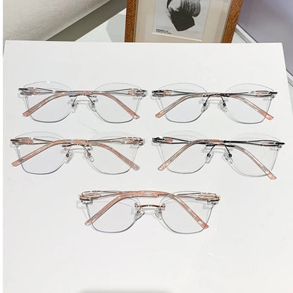 TFTB 2025 Women's Fashion Cat Eye Rimless Glasses Ultra-light Trendy Alloy High-end Optical Prescription Eyeglasses Frame 19028