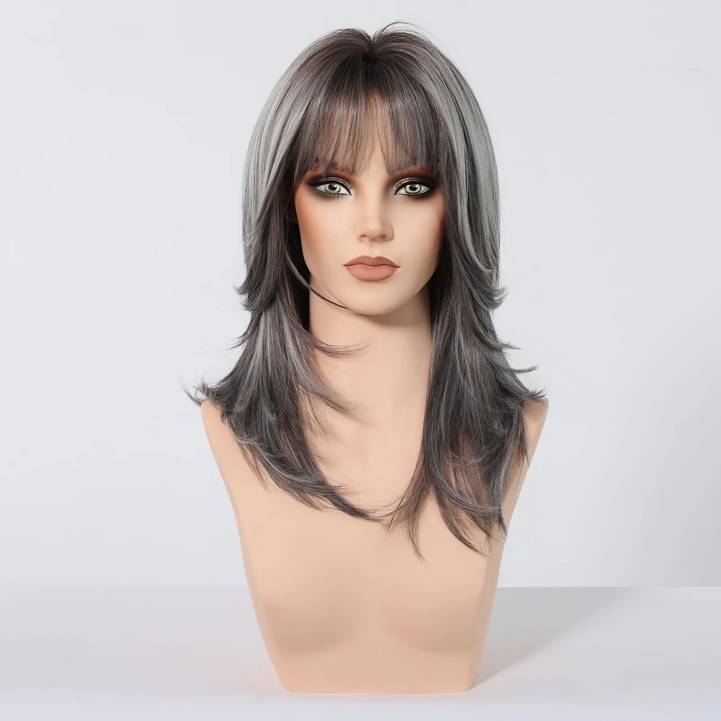 Medium Length Straight Wigs Gray Layered Synthetic Wigs With Bangs For Women Party Cosplay Natural Heat Resistant Fake Hair