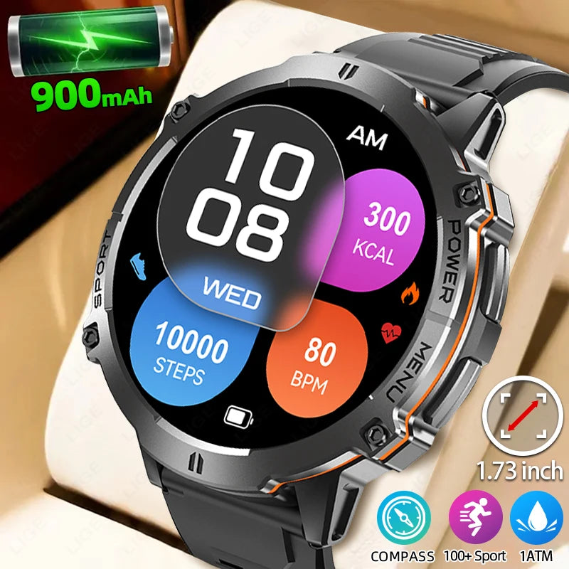 LIGE 2025 GPS Smart Watch Men Bluetooth Call 1ATM Waterproof Smartwatch Compass 1.73'' HD AMOLED 900mAh Fitness Sport Smartwatch