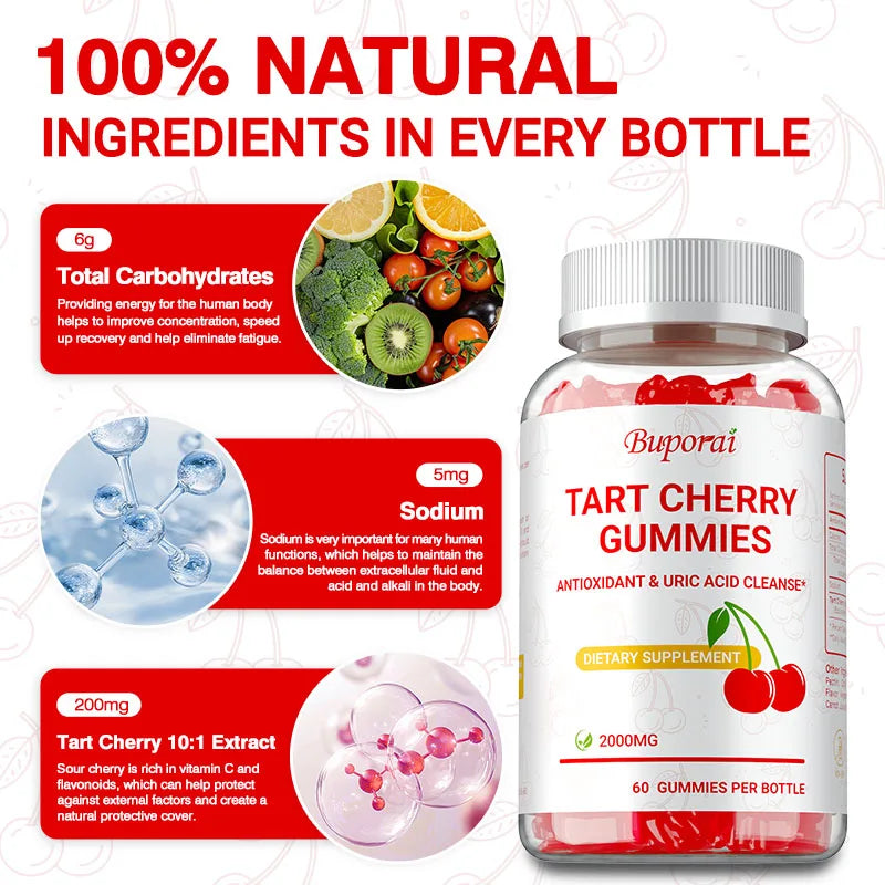 Tart Cherry Gummies - Promote Uric Acid Cleanse, Support Sleep & Joint Health Muscle Repair and Antioxidants