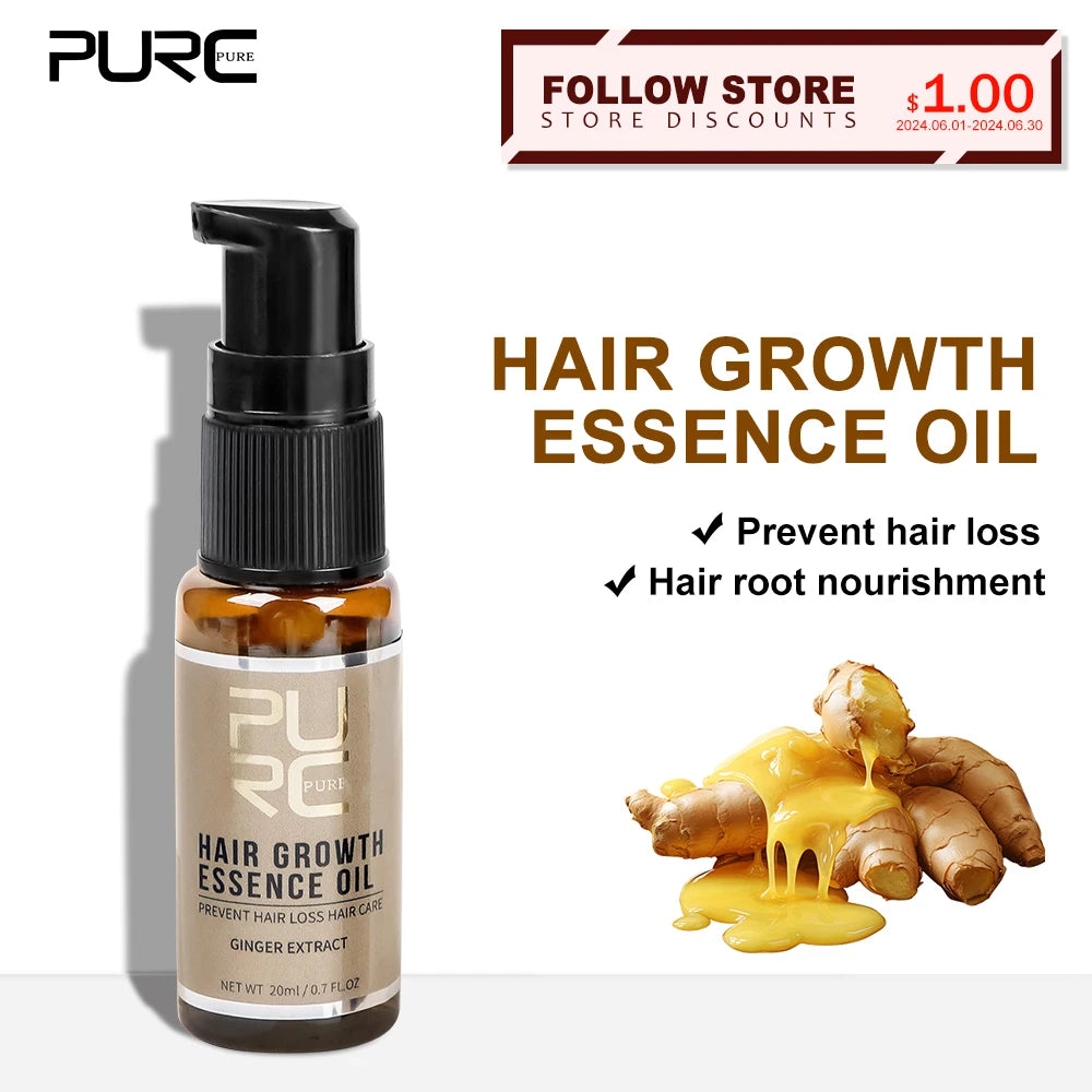 PURC Hair Growth Oil Ginger & Ginseng Essence Nourishing Scalp Treatment Hair Loss Care Products Men Women Grow Hair Oils 20ml