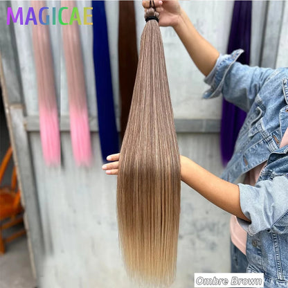 Magicae Braiding Crochet Hair High Heat Resistant 3Pcs 28inches Synthetic Ombre Brown Silver White Straight Bundles Extension
