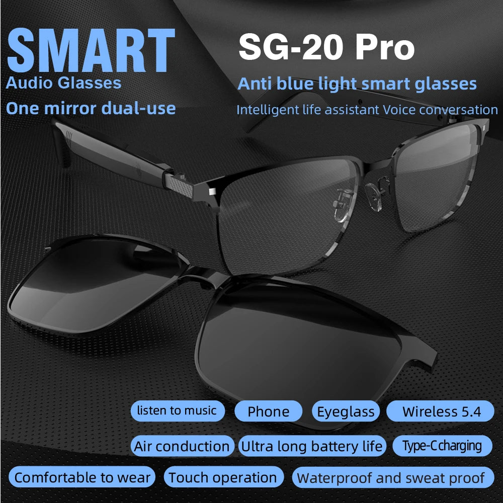 SG-20 Pro TWS 2-in-1 Smart Bluetooth Glasses - Convertible Sunglasses & Clear Lenses, Wireless Audio, Touch Control