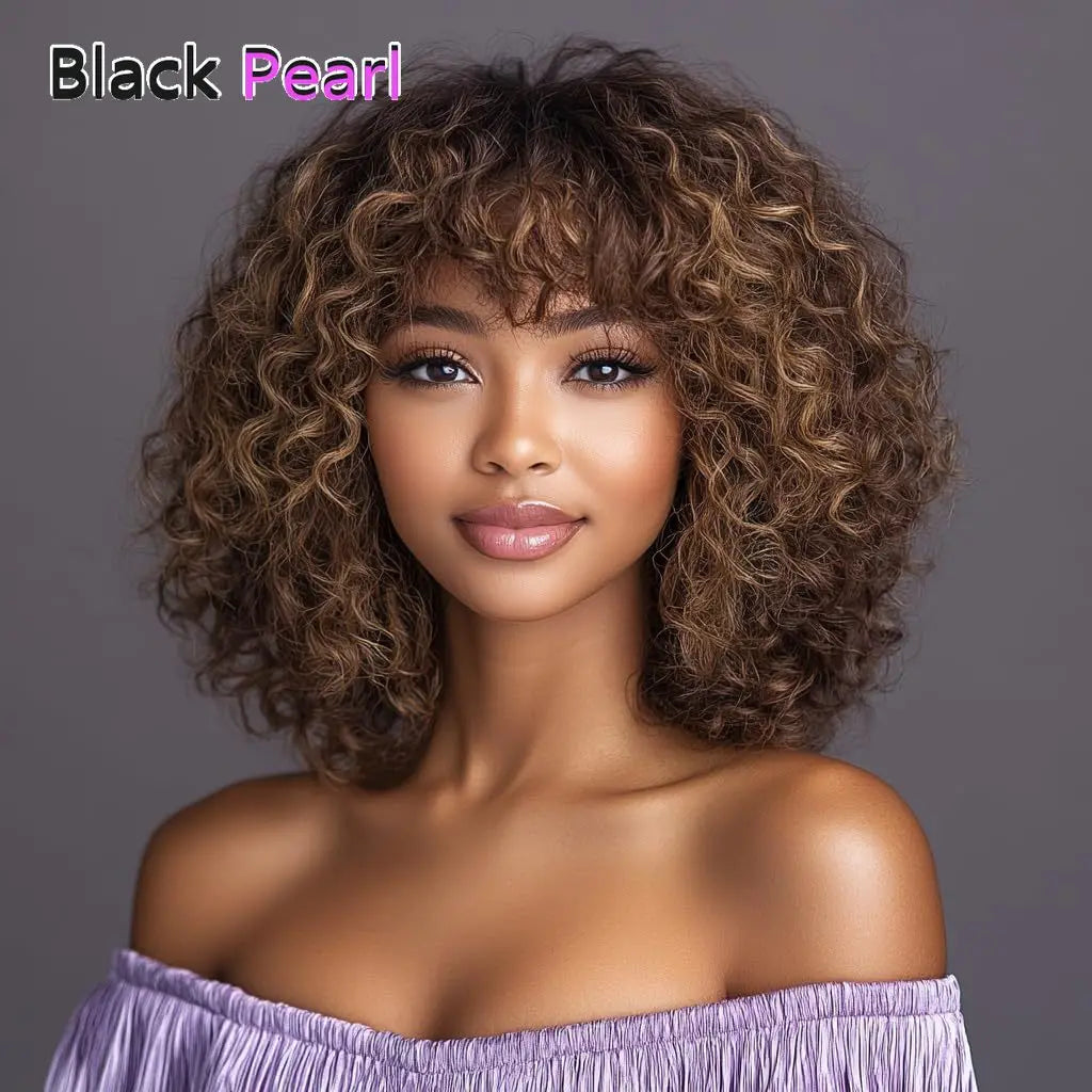 Black Pearl Jerry Curly Wig with Bangs100% Human Hair Short Pixie Cut Fringe Style Natural Curly Perruque Lightweight