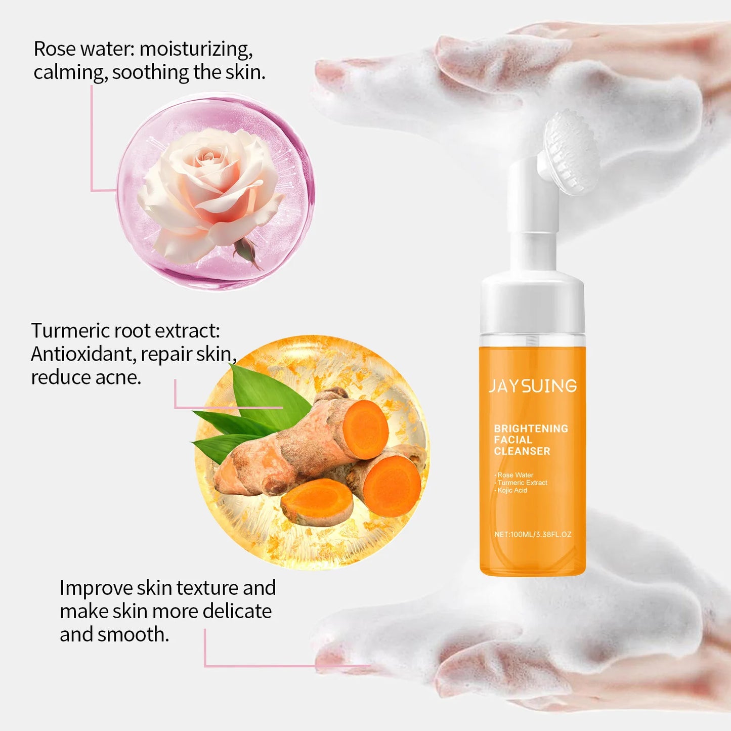 Turmeric Face Wash Cleanser Cleansing Mousse Shrink Pores Oil Control Blackhead Removal Brightening Exfoliating Facial Wash Foam