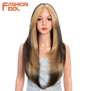 FASHION IDOL 26 Inch Yaki Straight Lace Front Wig Synthetic Hair Ombre Blonde Cosplay Wigs Heat Resistant Fiber Synthetic Hair