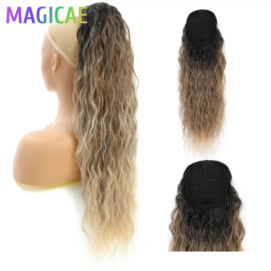 Drawstring Ponytail Extension Synthetic Heat Resistant Fiber Ombre Blond 28inch Long Hollywood Water Body Wave Clip in Hair