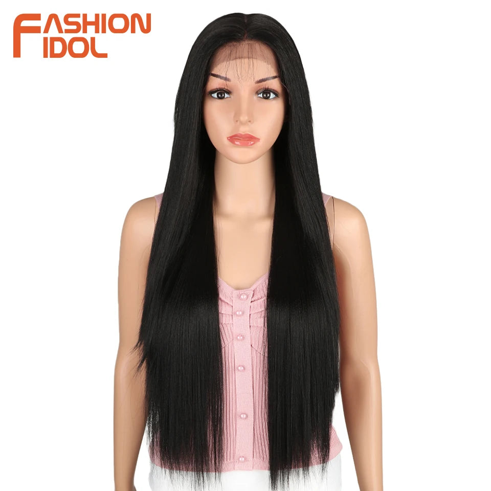 FASHION IDOL 13X4 Lace Front Wig For Women 32 Inch Heat Resistant Fiber Straight Wigs Blonde Natural Synthetic Wigs Cosplay Hair