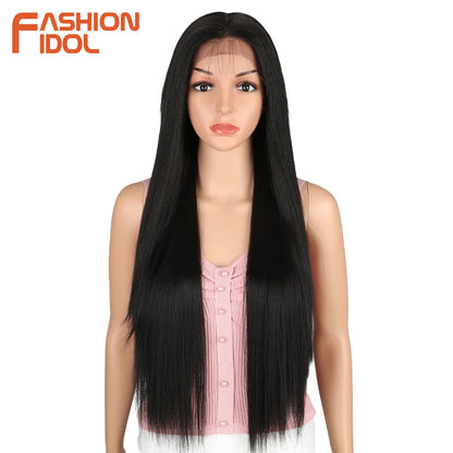 FASHION IDOL 13X4 Lace Front Wig For Women 32 Inch Heat Resistant Fiber Straight Wigs Blonde Natural Synthetic Wigs Cosplay Hair