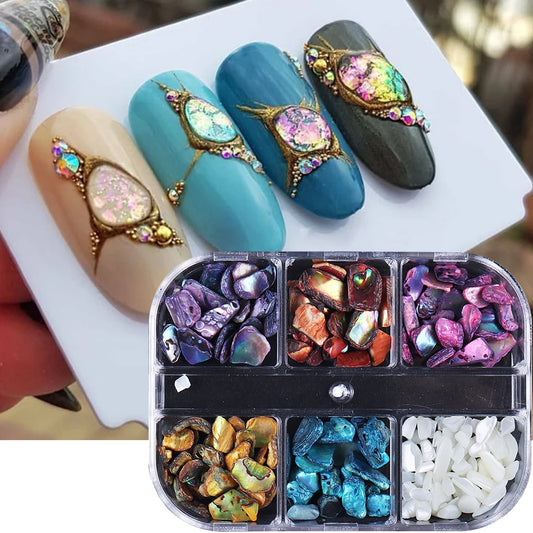 6 Grids Abalone Shell Flakes Nail Art Decoration 3D Charms Irregular Seashell Fragment Aurora Slices DIY Manicure  Accessories