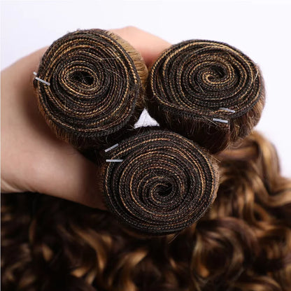 P4/27 Deep Wave Highlighted Human Hair Bundles Honey Brown Curly Hair Weaves 3 Bundle Deals Virgin Hair Extension for Ponytails