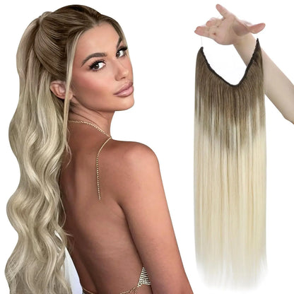 VeSunny Fish Line Human Hair Extension Wire Natural Hair OnePiece Invisible Wire Hair Weft with 2 Clips Machine Made Blonde Hair