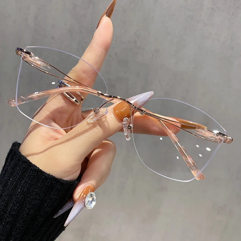 TFTB 2025 Women's Fashion Cat Eye Rimless Glasses Ultra-light Trendy Alloy High-end Optical Prescription Eyeglasses Frame 19028