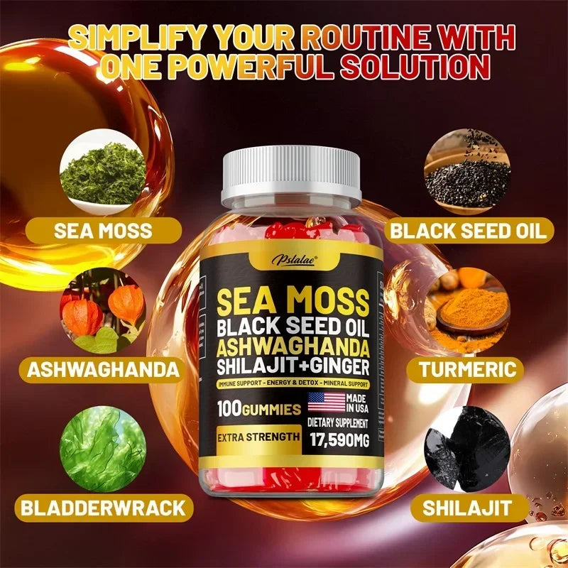 Sea Moss, Black Seed Oil, Ashwagandha, Ginger, Shilajit Gummies - Boosts Energy, Skin, Joints & Immunity
