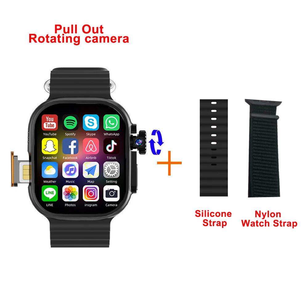 New Ultra Smart Watch 4G SIM Card 2.06''AMOLED Screen GPS WIFI 190°Rotating Camera Video Call Google Play Android Smartwatch