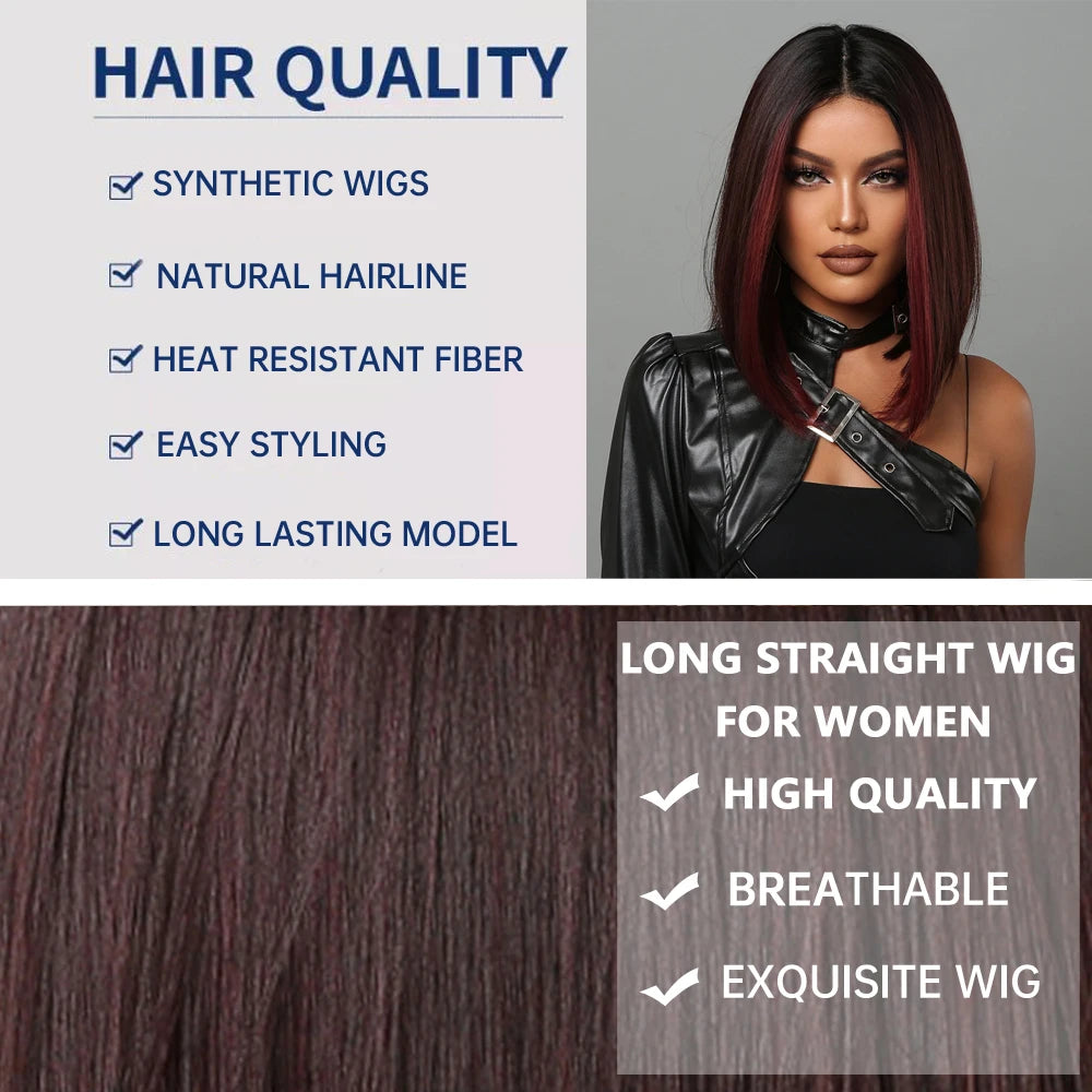 Medium Length Chestnut Brown Synthetic Wigs Middle Part Wine Red Highlights Straight Wig Heat Resistant for Women Party Cosplay