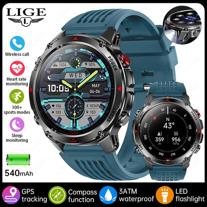 LIGE Outdoor Military Smart Watch Men 1.46" HD Screen Built-in GPS Compass Altimeter 3ATM Waterproof Clock BT Call SmartWatches