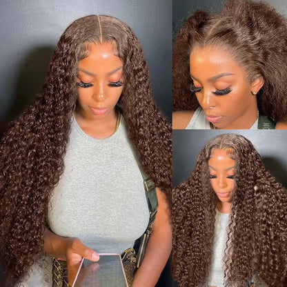 Chocolate Brown Deep Wave Human Hair Wig 30 Inch Transparent Lace Frontal Wigs For Women 13x6  Lace Front Water Curly Wave Wig