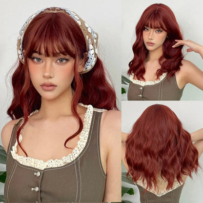 12 Inch Brown Bob Natural Wig Synthetic Cute Hair Short Wavy Curly Wig With Bangs For Women Daily Party Use Heat Resistant Fiber