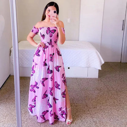 Elegant Off Shoulder Dress  Summer Fashion Dresses High Waist Flower Print Short Sleeve Vestidos Robe Clothing