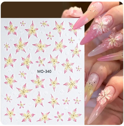 5d Embossed Nail Art Stickers Golden Lines Semi-Transparent Purple Blue Flowers Decals Decorations For Nail Tips Manicures