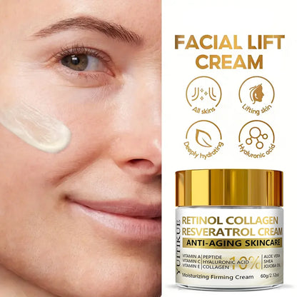 10% Retinol Collagen Cream - Anti-Aging Facial Lift, With Resveratrol & Hyaluronic Acid, Hydrating & Firming, For All Skin Types