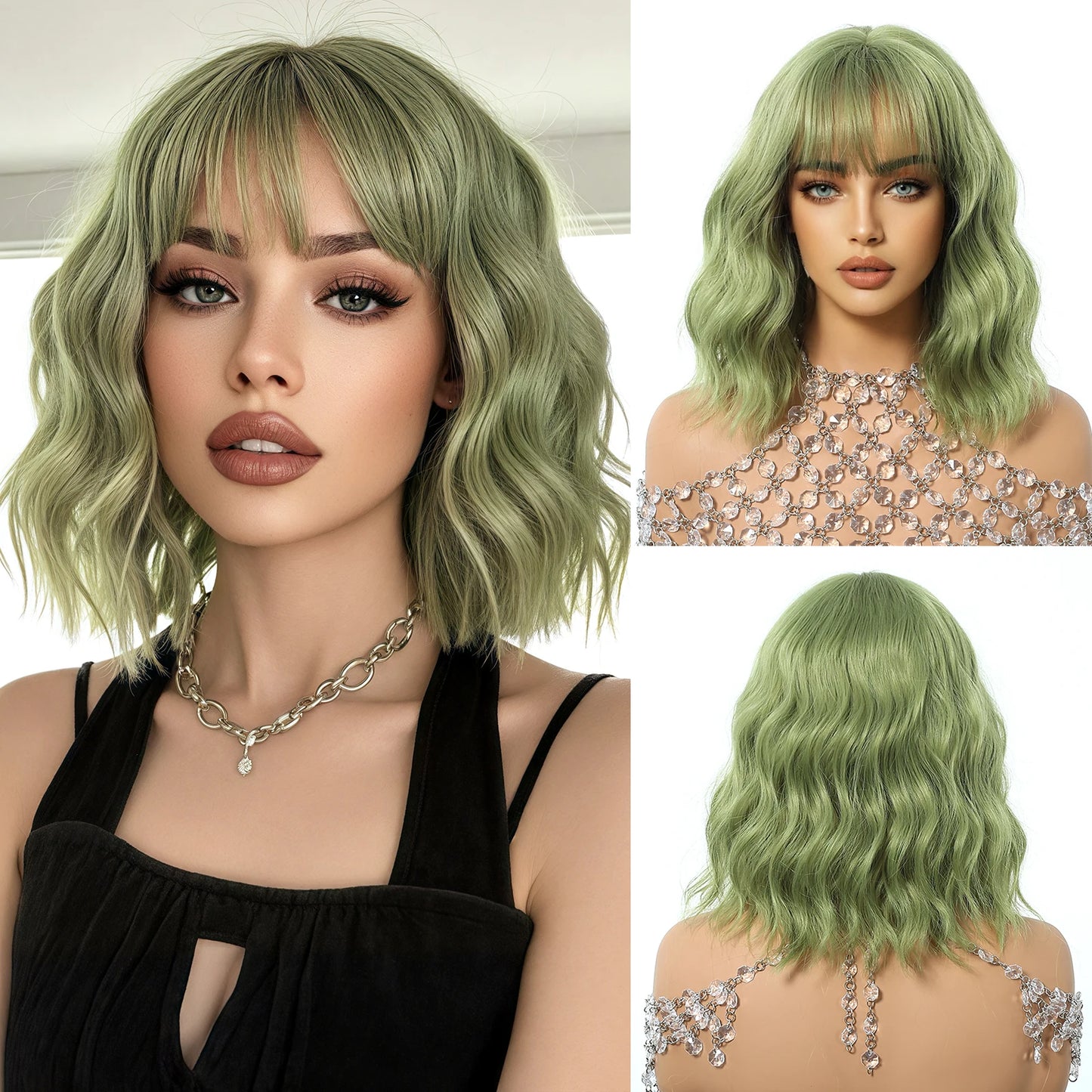 12 Inch Brown Bob Natural Wig Synthetic Cute Hair Short Wavy Curly Wig With Bangs For Women Daily Party Use Heat Resistant Fiber