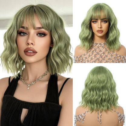 12 Inch Brown Bob Natural Wig Synthetic Cute Hair Short Wavy Curly Wig With Bangs For Women Daily Party Use Heat Resistant Fiber